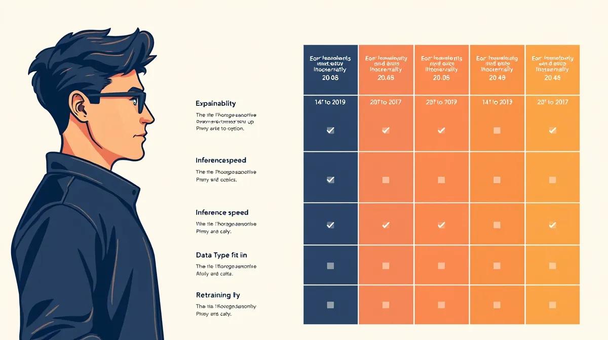 Comparison matrix of enterprise ML model families across explainability, inference speed, data type fit, and retraining cost